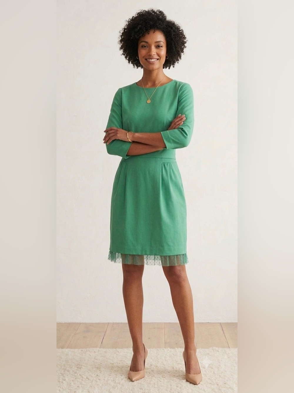 J. Crew Elegant Emerald Green Tull Hem 3/4 Sleeve Dress Size 12